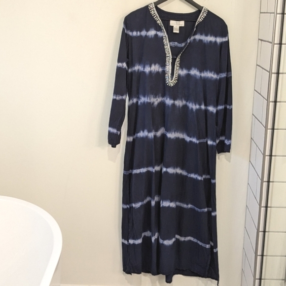 Soft Surroundings Blue White Tie Dye Maxi Length Tunic Coverup Dress Beaded Neck - Picture 1 of 7